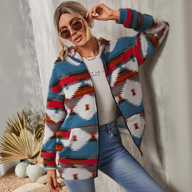 LUKYCILD Womens Western Aztec Print Zip up Hoodies Sweatshirt Sherpa Fleece Jacket Coat with Pockets Casual Warm Outwear - Image 4