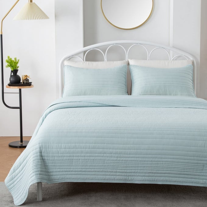 QUILT SET FULL QUEEN SIZE AQUA BLUE LIGHTWEIGHT ULTRA SOFT MICROFIBER BEDSPREAD 3 PIECE QUEEN COVERLET FOR ALL SEASON PARKER COLLECTION FQ AQUA BLUE
