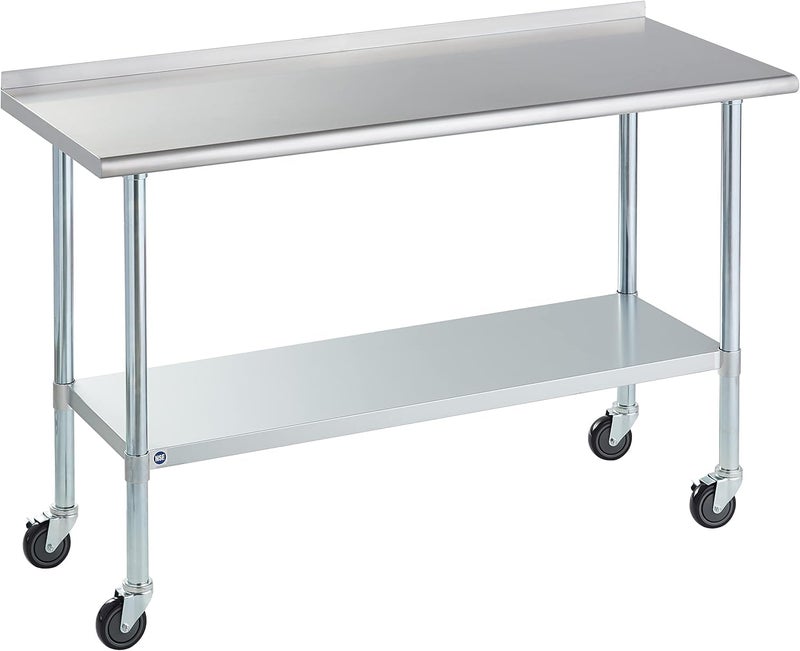 ROCKPOINT Stainless Steel Table for Prep  Work with Caster Wheels 24x60 Inches NSF Metal Commercial Kitchen Heavy Duty Table with Adjustable Under Shelf and Table Foot for Restaurant Home and Hotel