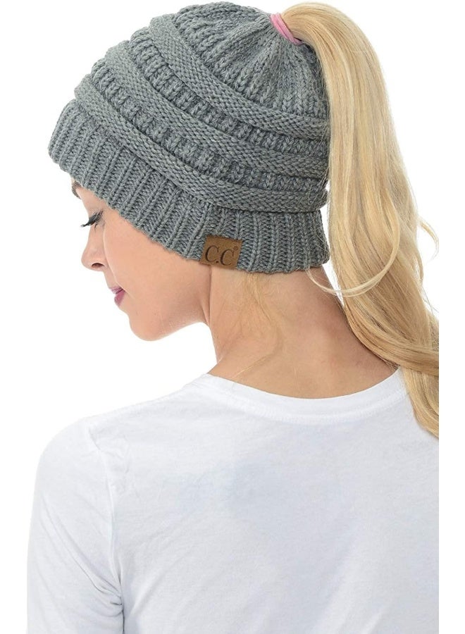 Funky Junque Women's Beanie Ponytail Messy Bun BeanieTail Solid Ribbed Hat Cap - Image 5