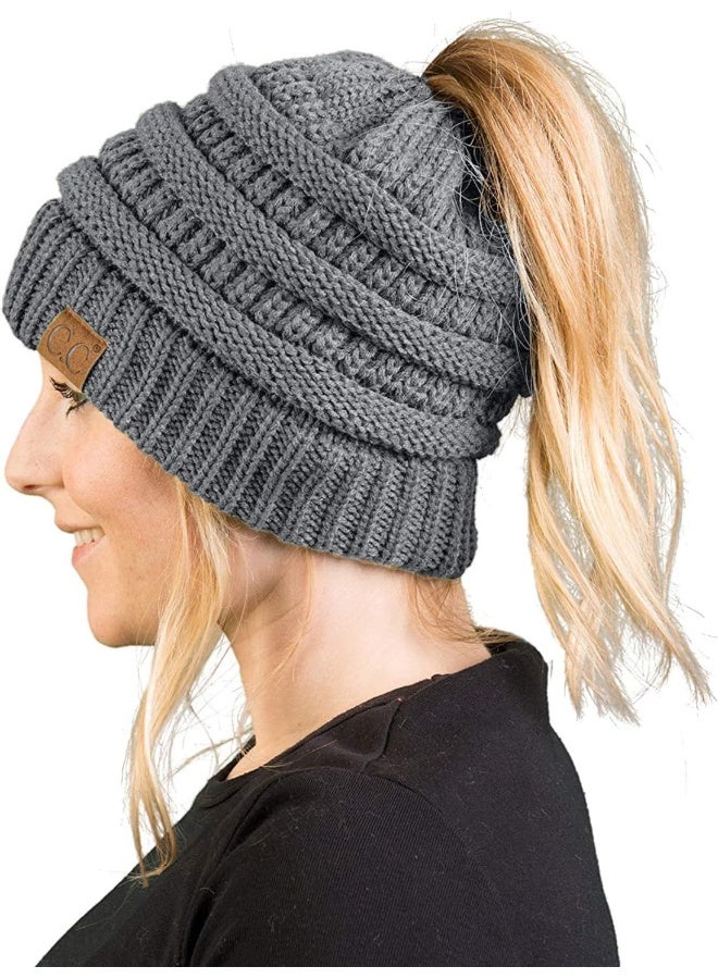 Funky Junque Women's Beanie Ponytail Messy Bun BeanieTail Solid Ribbed Hat Cap - Image 1