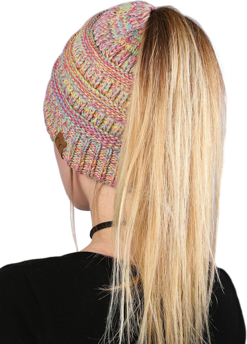 Funky Junque Women's Beanie Ponytail Messy Bun BeanieTail Solid Ribbed Hat Cap - Image 3