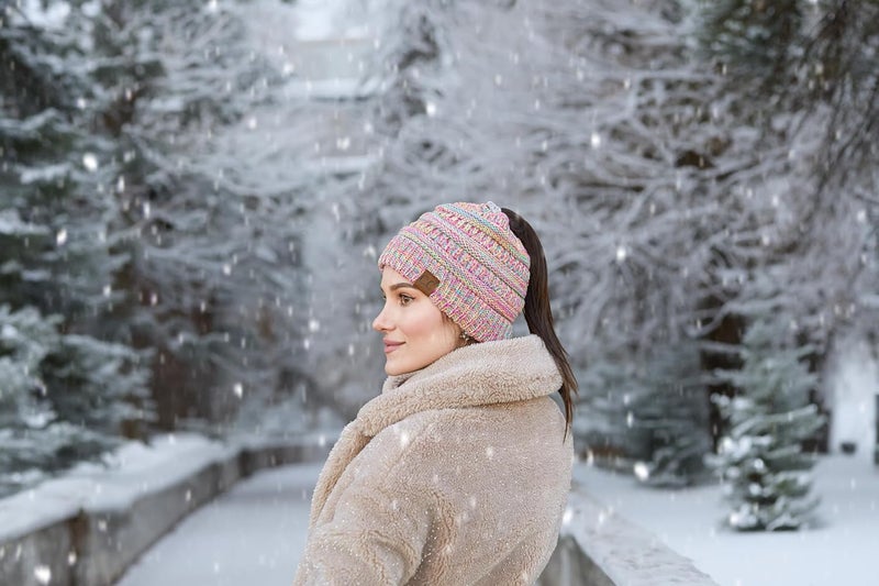 Funky Junque Women's Beanie Ponytail Messy Bun BeanieTail Solid Ribbed Hat Cap - Image 2