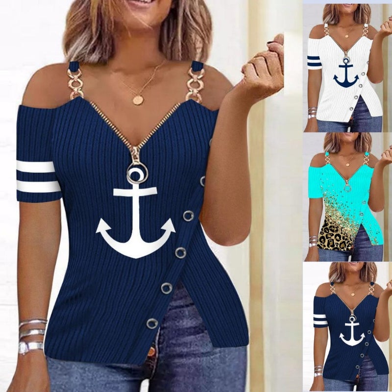 2023 Summer wish Explosions Anchor Pattern Printed Zipper T-shirt 5307 - Image 2