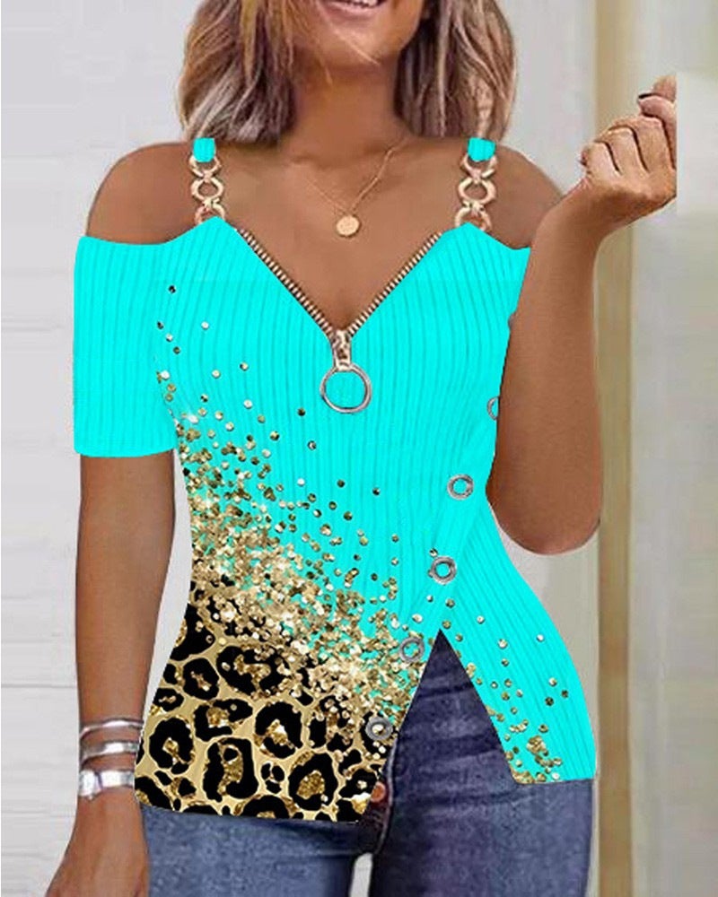2023 Summer wish Explosions Anchor Pattern Printed Zipper T-shirt 5307 - Image 5