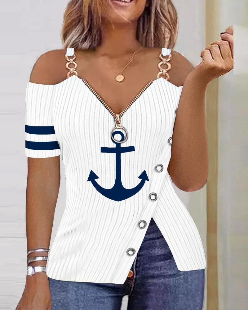 2023 Summer wish Explosions Anchor Pattern Printed Zipper T-shirt 5307 - Image 3