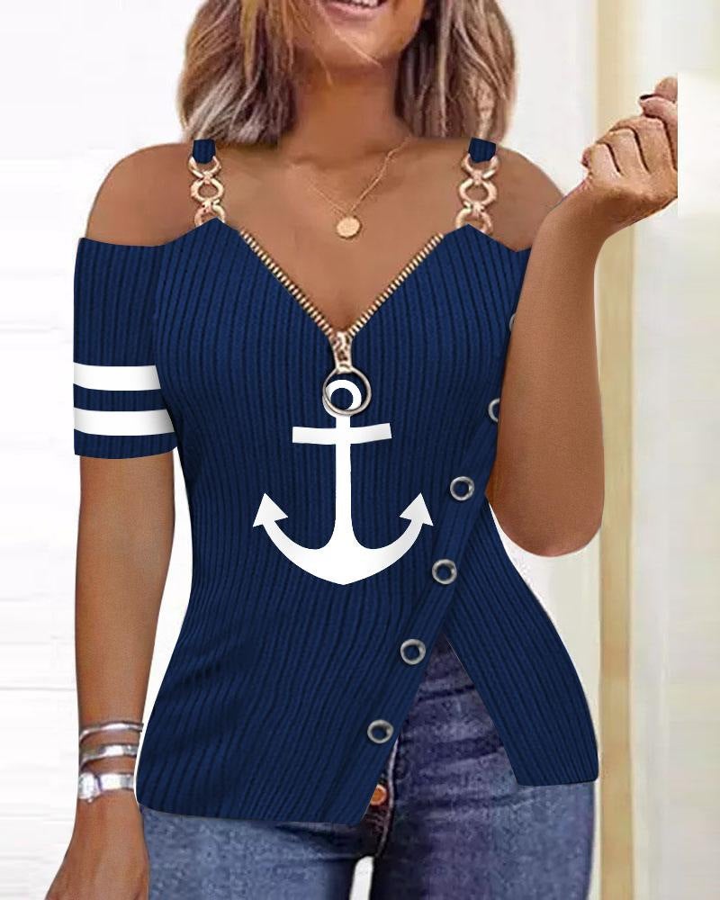 2023 Summer wish Explosions Anchor Pattern Printed Zipper T-shirt 5307 - Image 4