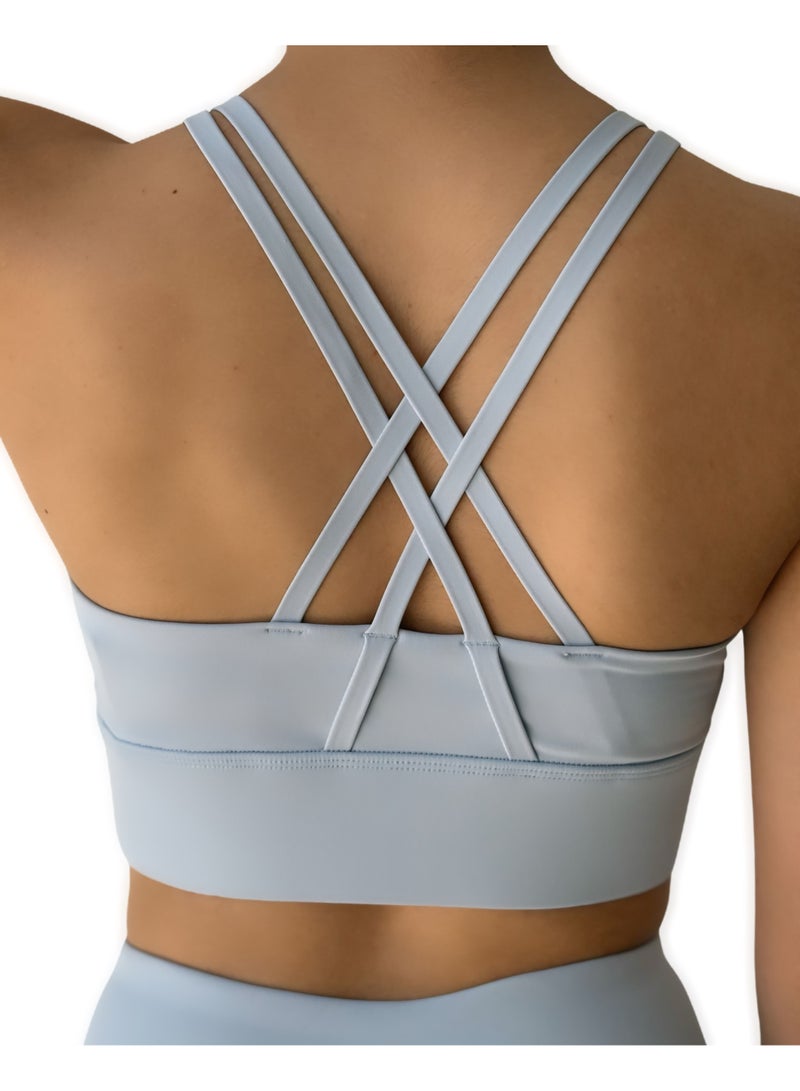 Texcraft Women's Sports Bra with Criss-Cross Back – High Elasticity & Breathable Workout Top-Blue - Image 1