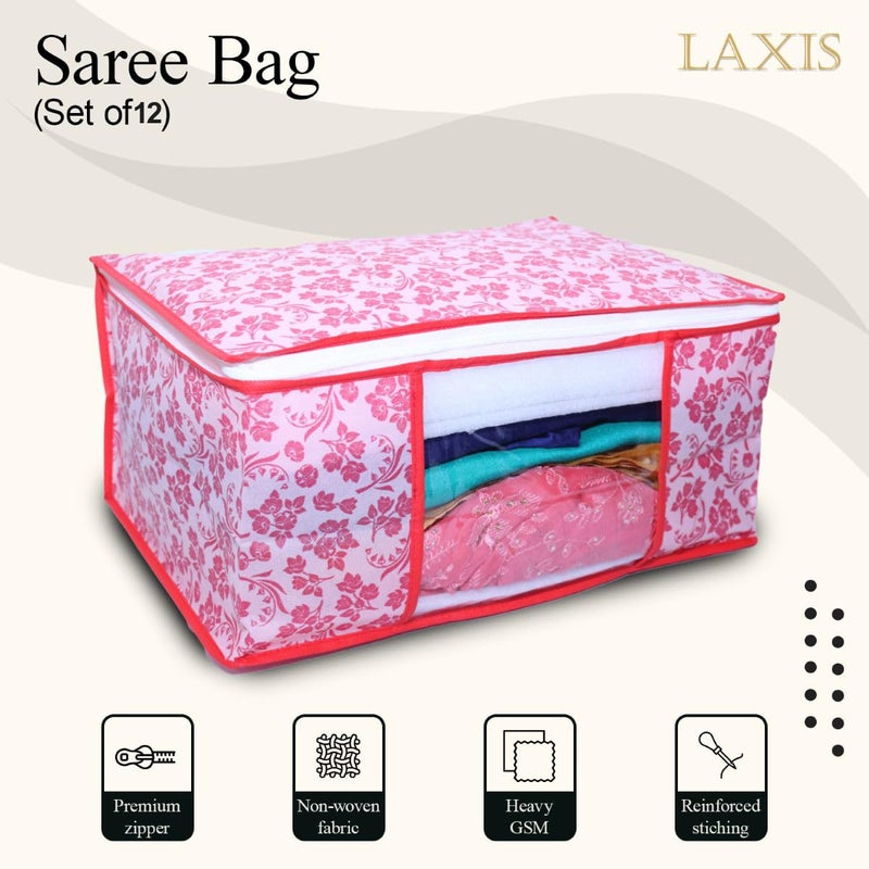 LAXIS ® Saree Covers With Zip Non-Woven Printed Saree Cover/Saree Organizer For Wardrobe/Cloth Storage With Transparent Window/Saree Bags Storage/Clothes Organizer (Peach- Pack of 12) - Image 3