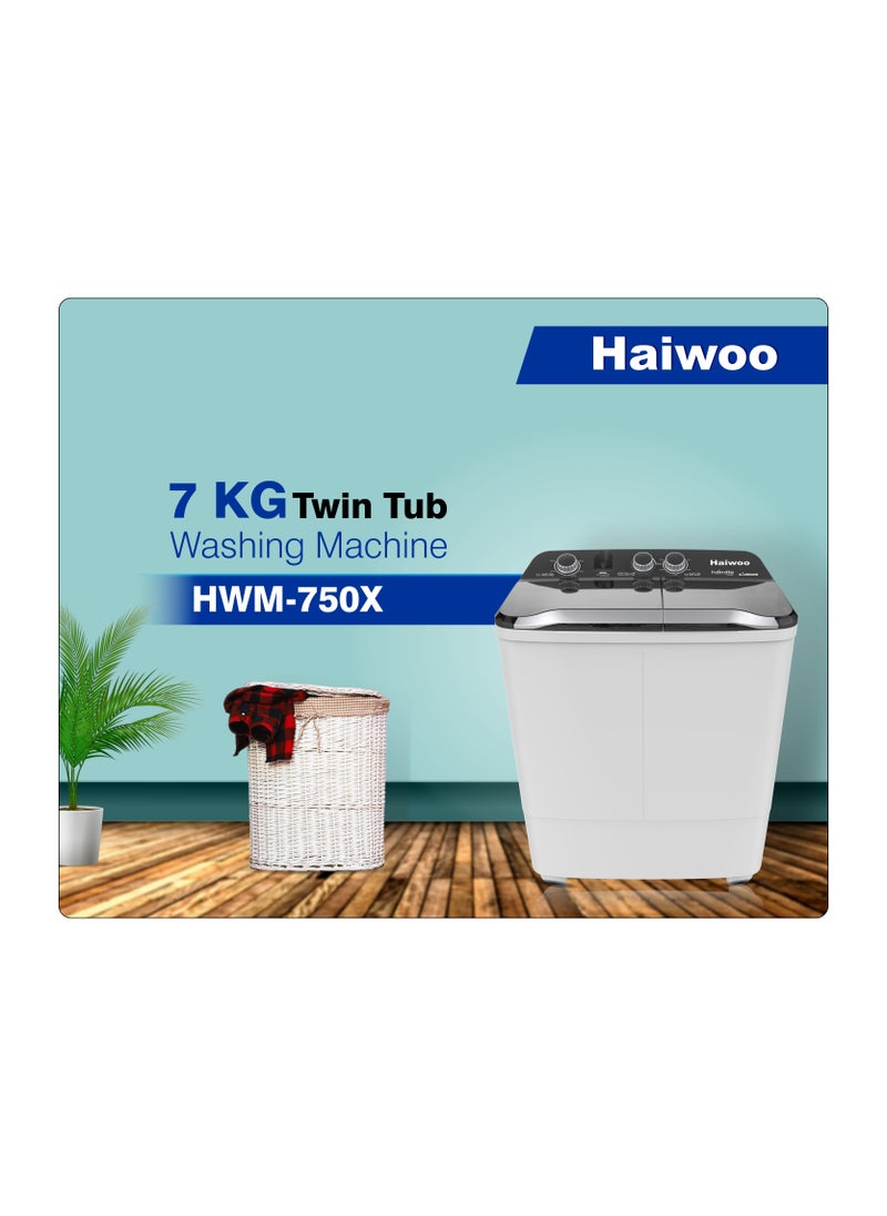 Haiwoo - 7Kg Semi-Automatic Twin Tub Washing Machine with Quick Wash & Auto Balance Control, Silent Operation, Powerful Pulsator, Spin Easily with One Twist HWM-750X - Image 1