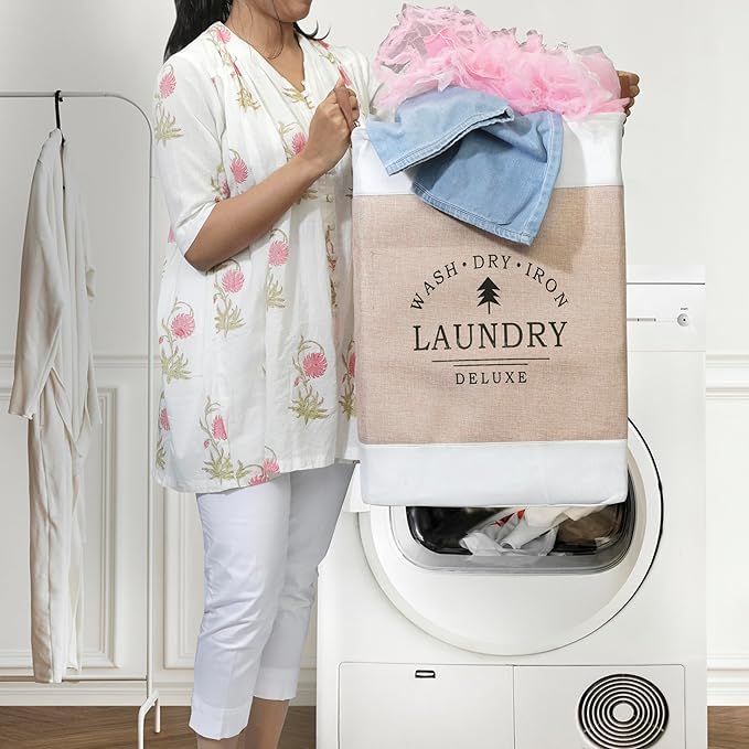 Brikipth Brikipth Large Laundry Basket Collapsible Cotton Linen Laundry Hamper Bucket with Handles for Storage Bin Kids Room Home Organizer Nursery Storage Baby Hamper Basket for Dirty Clothes - Image 4
