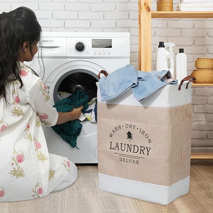 Brikipth Brikipth Large Laundry Basket Collapsible Cotton Linen Laundry Hamper Bucket with Handles for Storage Bin Kids Room Home Organizer Nursery Storage Baby Hamper Basket for Dirty Clothes - Image 3