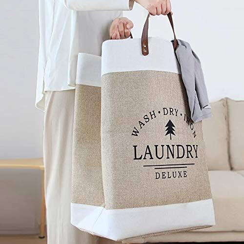 Brikipth Brikipth Large Laundry Basket Collapsible Cotton Linen Laundry Hamper Bucket with Handles for Storage Bin Kids Room Home Organizer Nursery Storage Baby Hamper Basket for Dirty Clothes - Image 1