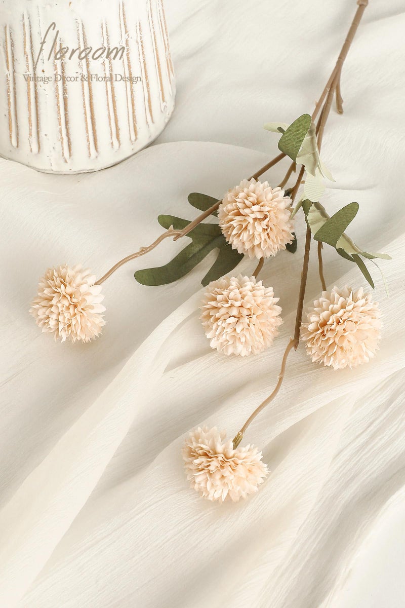 Floroom 5pcs Beige Faux Silk Mums Artificial Flowers, Bulk Fake Small Mini Chrysanthemums with Stems for DIY Champagne Wedding Centerpieces Floral Arrangements Vase Fillers Home Decorations - Image 3