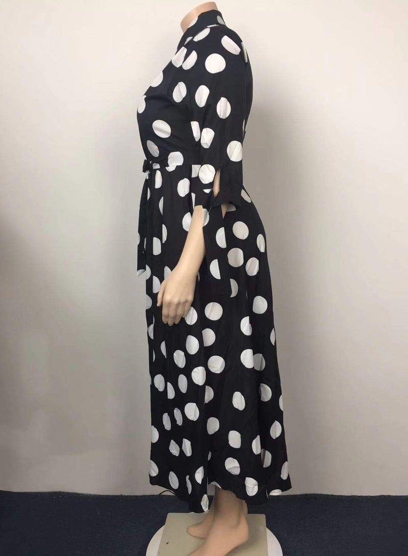 Beauenty Women's Plus Size Dresses Polka Dot V Neck Button Down Flowy Swing Shirt Maxi Dresses  - Image 3