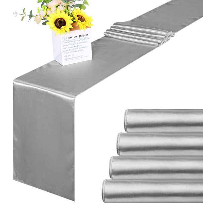 4 PACK SATIN TABLE RUNNER 12 X 108INCH LONG BRIGHT SILK AND SMOOTH FABRIC PARTY TABLE RUNNER FOR WEDDING BANQUET PARTY DECORATIONSILVER GRAY