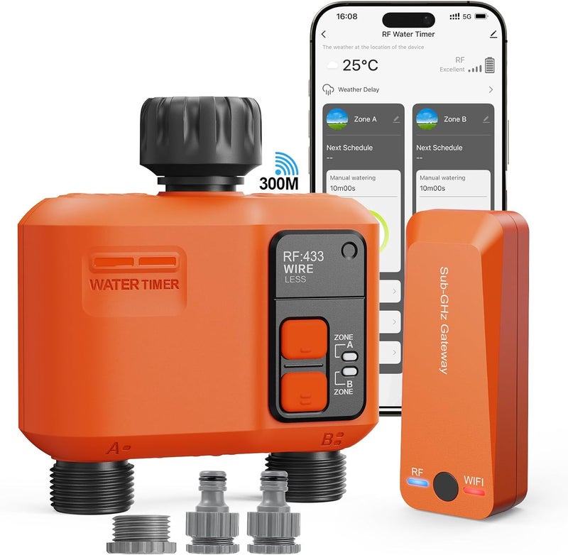 XinFuture WiFi Water Timer for Garden Hose with 300M Range,Smart 2- Zone Sprinkler Timer, APP & Remote Control, Voice Control,Rain Delay, Manual Mode Sprinkler System, Lawn Sprinklers for Yard Large Area - Image 1