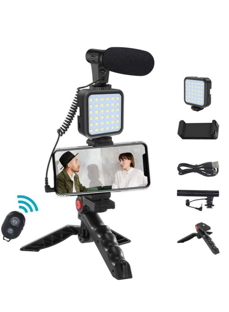 ELTRAZONE Smartphone Vlogging Tripod Kit With Fill Light, Microphone, And Phone Clip For YouTube/Tiktok/Instagram/Fitness Yoga Black. - Image 1
