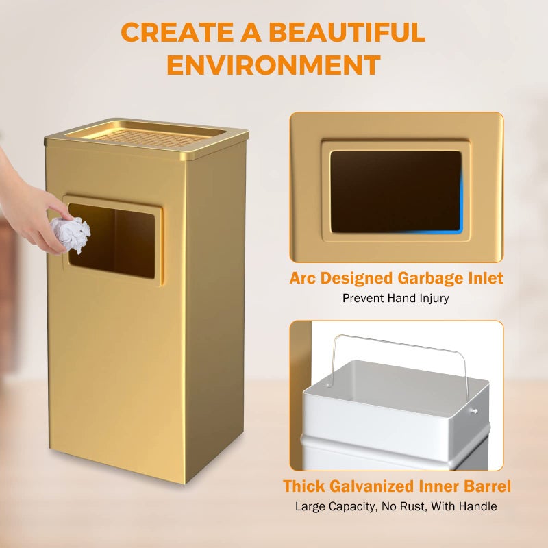 BEAMNOVA Trash Can Indoor Outdoor Black Stainless Steel Commercial Garbage Can Industrial Garbage Enclosure Inside Cabinet with Lid Waste Container, Gold Color, 12.2 * 9.8 * 24 in - Image 4