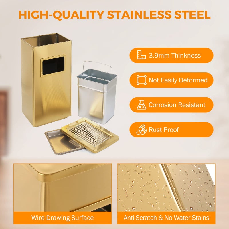 BEAMNOVA Trash Can Indoor Outdoor Black Stainless Steel Commercial Garbage Can Industrial Garbage Enclosure Inside Cabinet with Lid Waste Container, Gold Color, 12.2 * 9.8 * 24 in - Image 2
