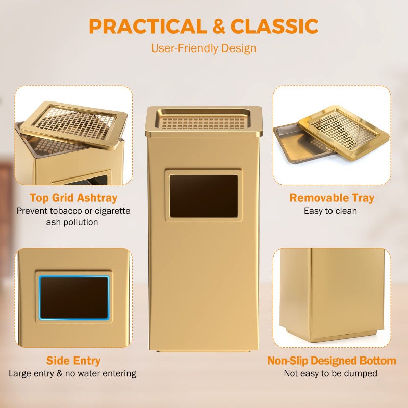 BEAMNOVA Trash Can Indoor Outdoor Black Stainless Steel Commercial Garbage Can Industrial Garbage Enclosure Inside Cabinet with Lid Waste Container, Gold Color, 12.2 * 9.8 * 24 in - Image 3