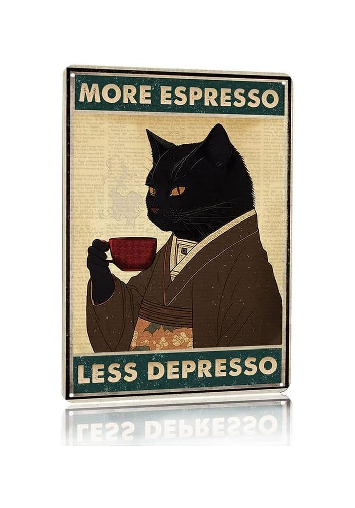 ARS Framed Fine Art of Vintage Black Cat Coffee Poster Metal Sign More Espresso Less Depresso for Bedroom Boy Room Living Room Gaming Room- Size Available - Image 1