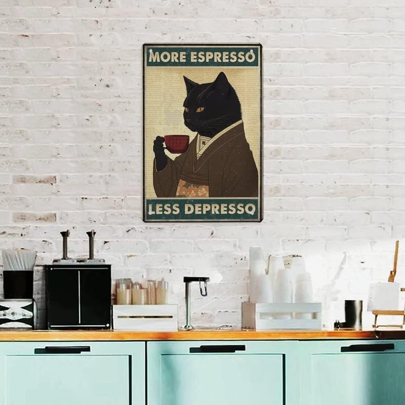 ARS Framed Fine Art of Vintage Black Cat Coffee Poster Metal Sign More Espresso Less Depresso for Bedroom Boy Room Living Room Gaming Room- Size Available - Image 5
