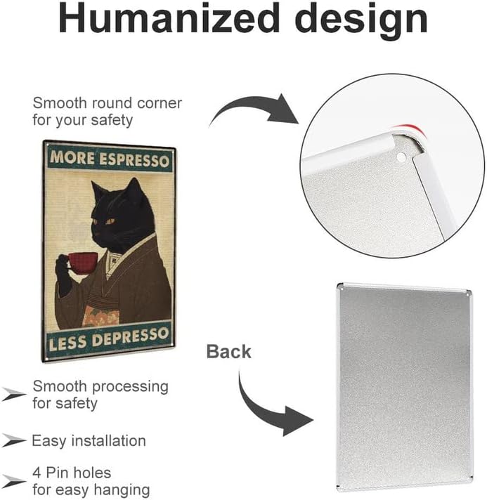 ARS Framed Fine Art of Vintage Black Cat Coffee Poster Metal Sign More Espresso Less Depresso for Bedroom Boy Room Living Room Gaming Room- Size Available - Image 2