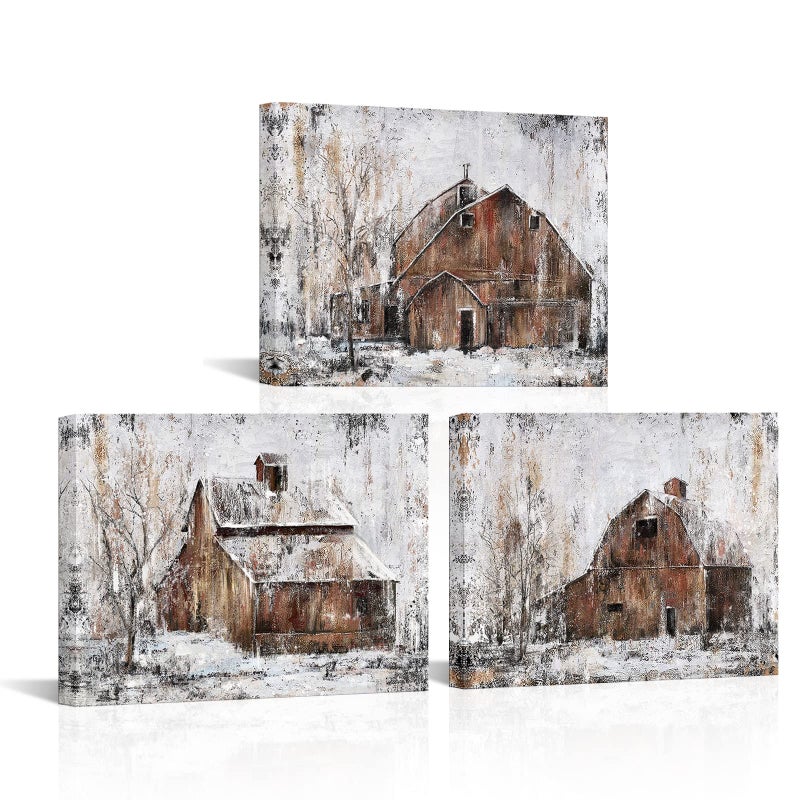Visual Art Decor Rustic Farmhouse Wall Decor Country Wall Art Barn Pictures Framed Artwork for Living Room Bedroom Wall Decor 3 Piece (Rustic Brown, 12x16inchx3 Pieces) - Image 1