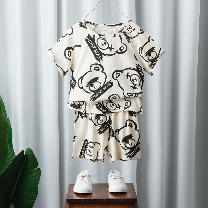 Korean-style Breathable Pure Cotton Short-sleeved Suit Childrens Sweat-absorbent Thin Summer Clothes for Boys and Girls Home Clothes T-shirt Shorts for Baby Bear. 