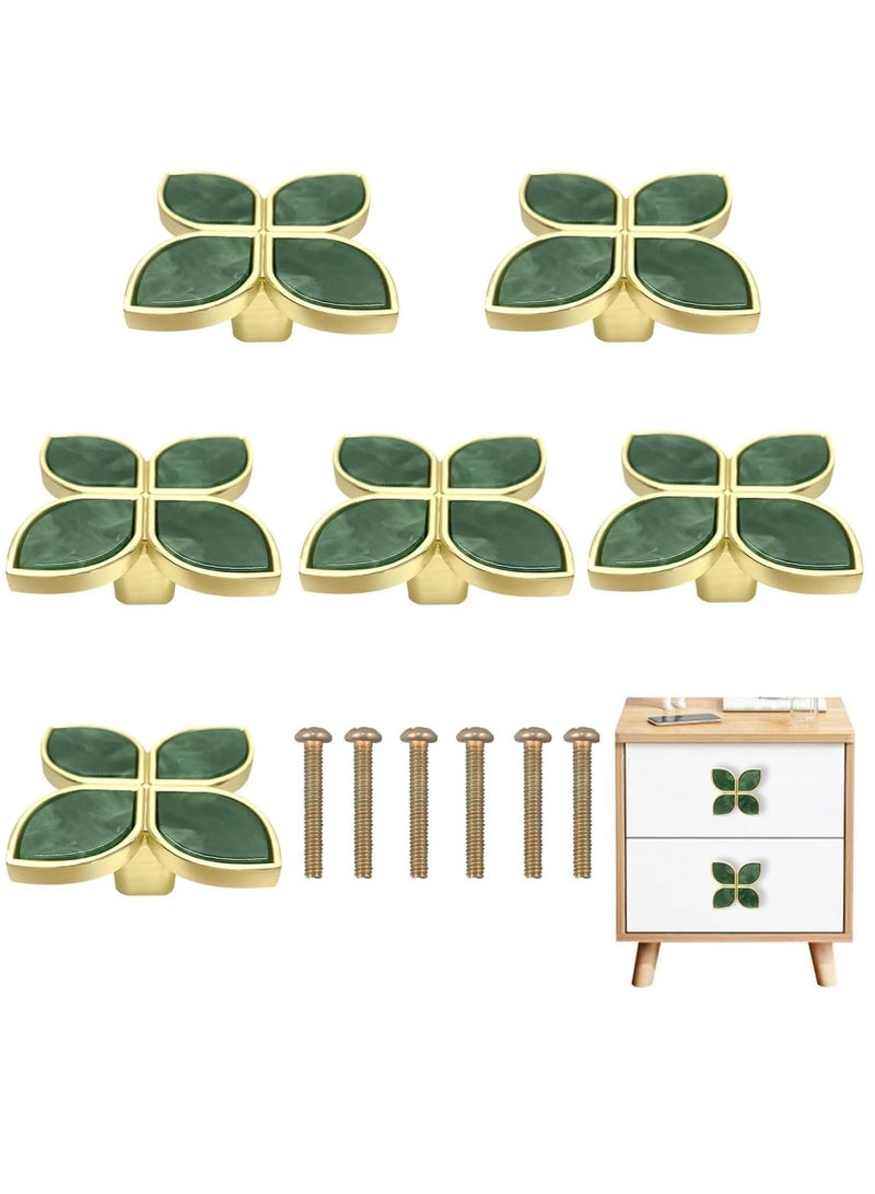 Knobs Four-Leaf Clover Brass Pulls Handles, Gold Knobs Dresser Knobs Clover Cabinet Handles with Screws for Dresser Drawers Kitchen Cabinet Green, 6 pcs - Image 1