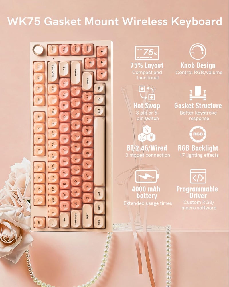 Keyporia كيبورد ميكانيكي لاسلكي Keyporia WK75 مع مقبض، كيبورد وردي كريمي بنسبة 75%، قابل للتبديل الساخن، مفاتيح مشحمة مسبقًا، تركيب جازكيت مع كيب كابس جيلي بروفايل MOA، كيبوردات ألعاب مضاءة بـ RGB - Image 2