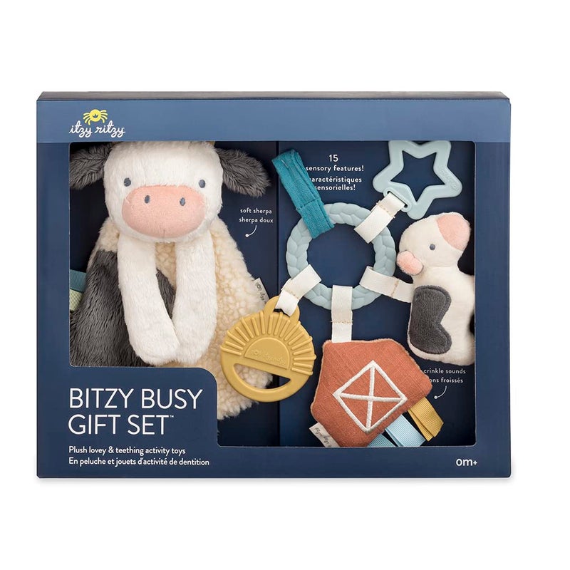 Itzy Ritzy Farm Toy Gift Set - Includes Cow Lovey & Farm-Themed Busy Ring Car Seat and Stroller Toy - Features Crinkle Sounds, Engaging Textures & Silicone Teething Relief (Farm) - Image 1