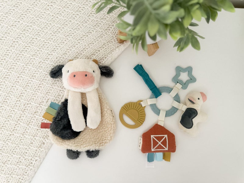 Itzy Ritzy Farm Toy Gift Set - Includes Cow Lovey & Farm-Themed Busy Ring Car Seat and Stroller Toy - Features Crinkle Sounds, Engaging Textures & Silicone Teething Relief (Farm) - Image 4