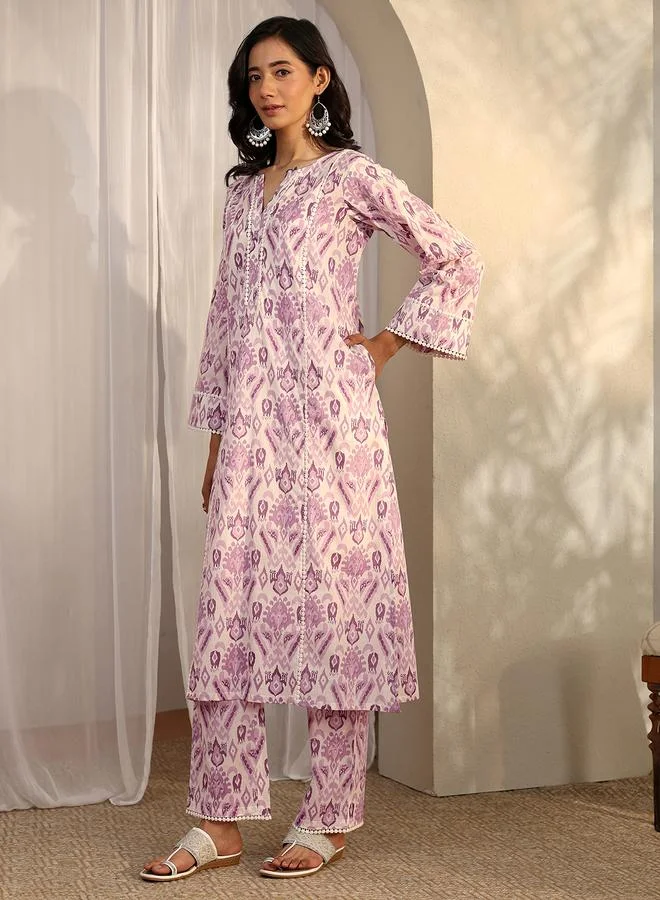 Libas Purple Printed Cotton Straight Kurta and Trousers Set