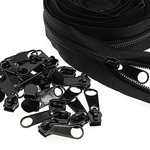 5 Nylon Coil Zippers by The Yard Black Sewing Zipper Bulk 10 Yards with 25 PCS Pulls Sliders for DIY Tailor Sewing Crafts Bags PillowsSHUNLI