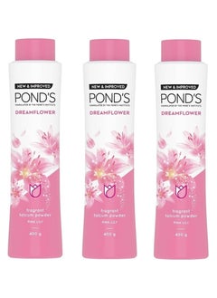 PONDS Dream Flower Fragrant Talcum Powder With Pink Lily| Perfumed Talc With Refreshing Floral Fragrance & Vitamin B3| Fine Textured Talc Absorbs Sweat & Prevents Odour| 400G X 3 (Pack Of 3) 
