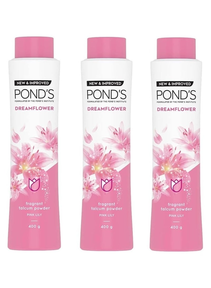 PONDS Dream Flower Fragrant Talcum Powder With Pink Lily| Perfumed Talc With Refreshing Floral Fragrance & Vitamin B3| Fine Textured Talc Absorbs Sweat & Prevents Odour| 400G X 3 (Pack Of 3)