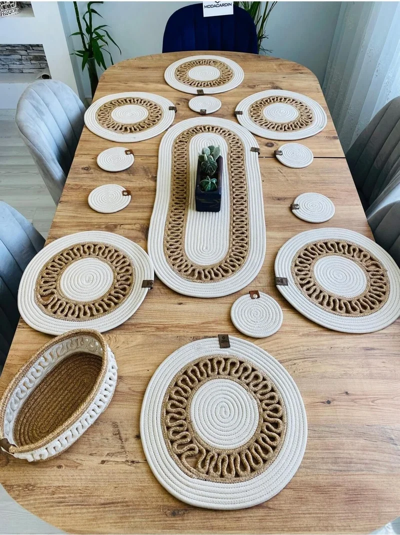 BDZ Deri BDZ Leather Jute Wicker American Service Supla Runner Basket and Cup Holder 14 Pieces