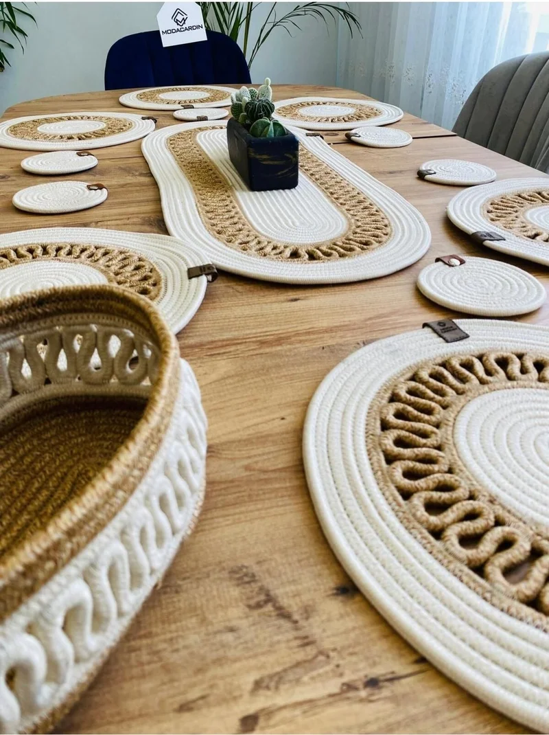 BDZ Deri BDZ Leather Jute Wicker American Service Supla Runner Basket and Cup Holder 14 Pieces