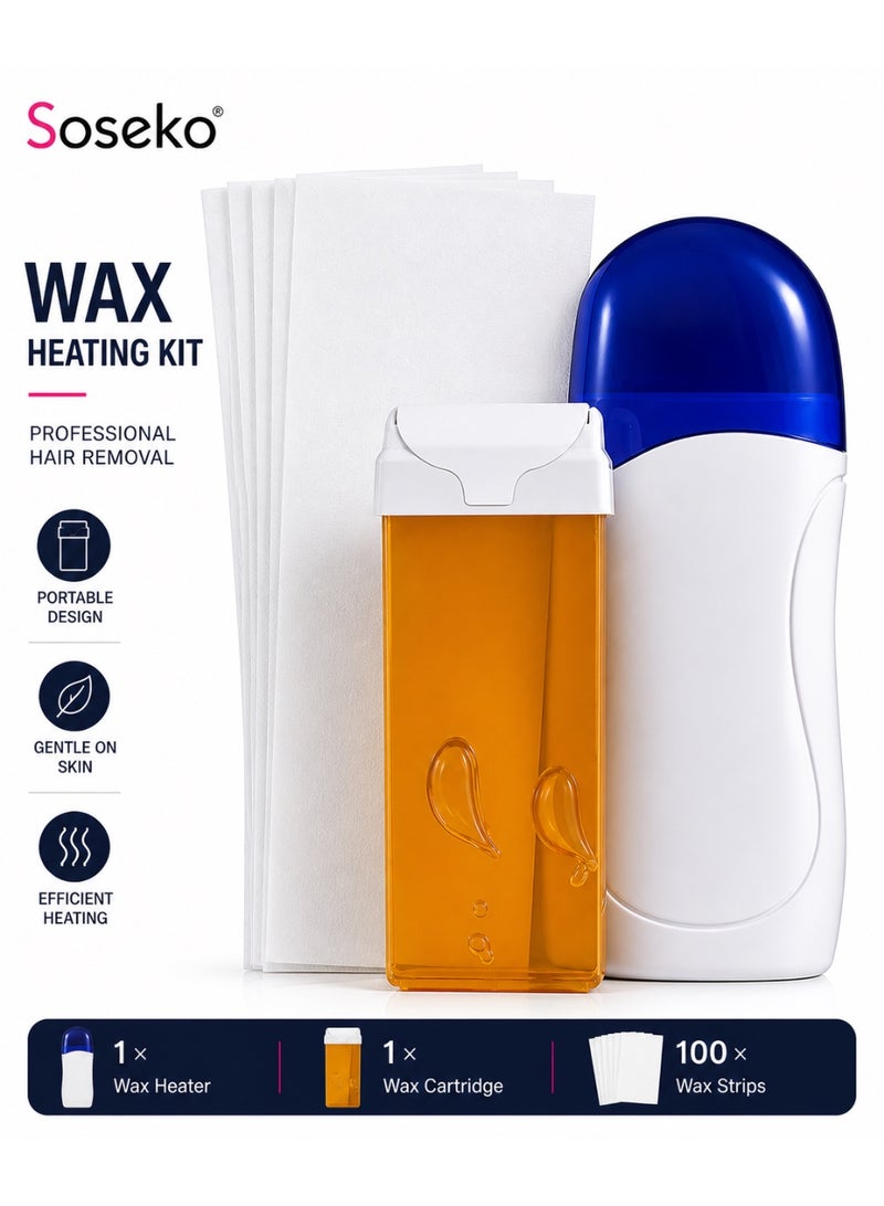 Soseko Portable Wax Heating Kit Hair Removal Set with 100 Wax Strips and Roll-On Cartridge for Women and Men - Image 1