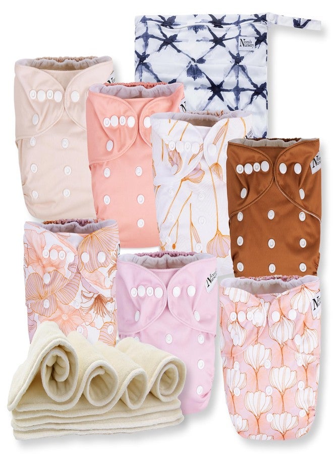 Nora's Nursery Cloth Diapers 7 Pack with 7 Inserts & 1 Wet Bag - Waterproof Cover, Washable, Reusable & One Size Adjustable Pocket Diapers for Newborns and Toddlers - Magnolia - Image 1