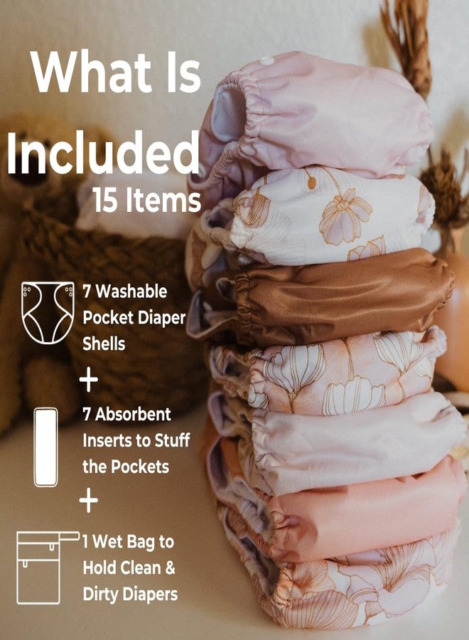 Nora's Nursery Cloth Diapers 7 Pack with 7 Inserts & 1 Wet Bag - Waterproof Cover, Washable, Reusable & One Size Adjustable Pocket Diapers for Newborns and Toddlers - Magnolia - Image 2