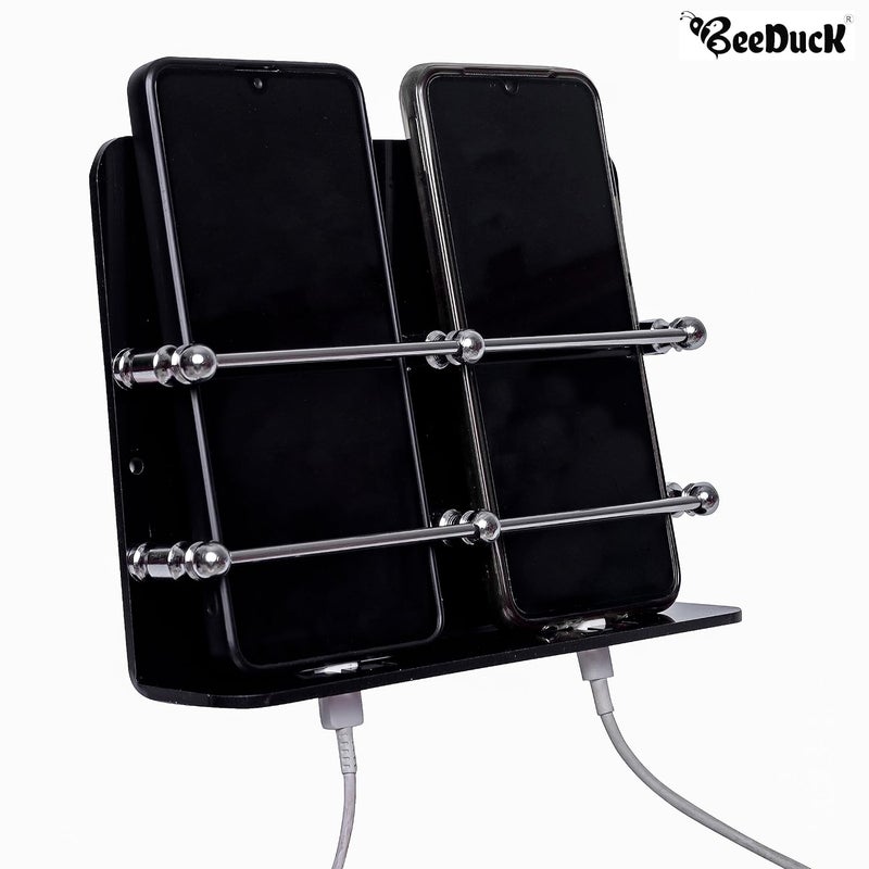 BeeDuck Black Acrylic Double Mobile Holder Stand for Mobile Charging, TV & AC Remote Holding and Keys Hanging at Home, Office, Bedroom, Hotel Wall Mount Multipurpose Stand - Image 3