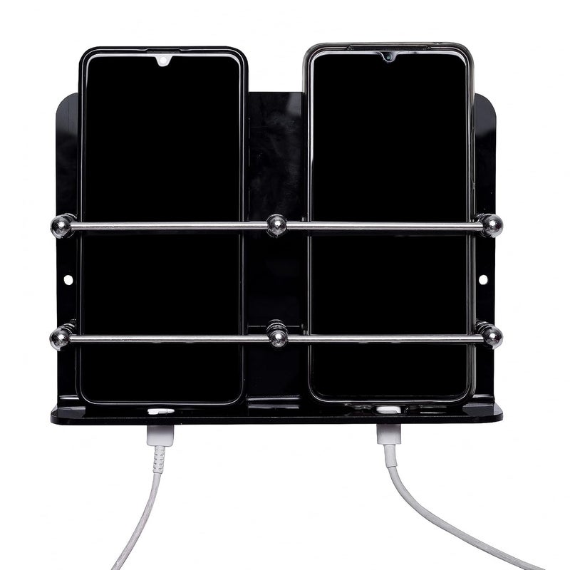 BeeDuck Black Acrylic Double Mobile Holder Stand for Mobile Charging, TV & AC Remote Holding and Keys Hanging at Home, Office, Bedroom, Hotel Wall Mount Multipurpose Stand - Image 1