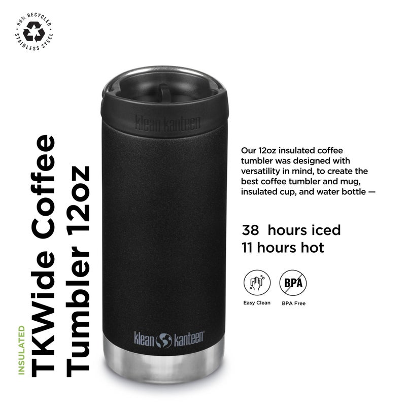 Klean Kanteen TKWide Insulated Coffee Tumbler with CafÃ© Cap - Stainless Steel Coffee Tumbler - Black, 12 oz - Image 2