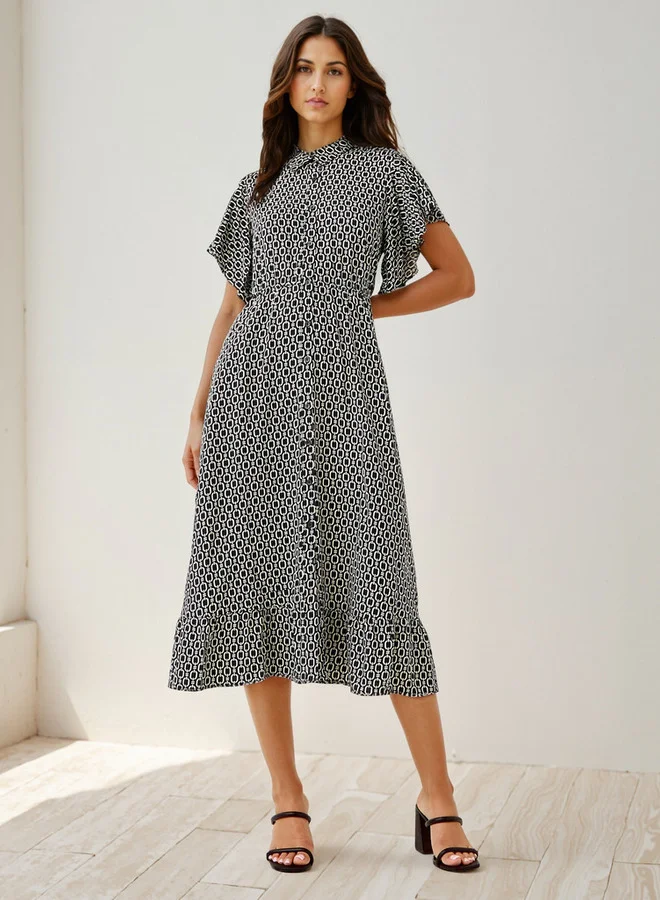 سبلاش فيڤ فستان قميص ميدي مطبوع بأكمام مكشكشة من الرايون