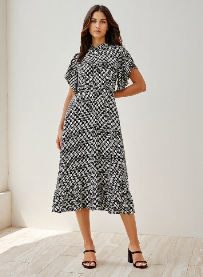 سبلاش فيڤ فستان قميص ميدي مطبوع بأكمام مكشكشة من الرايون - Image 1