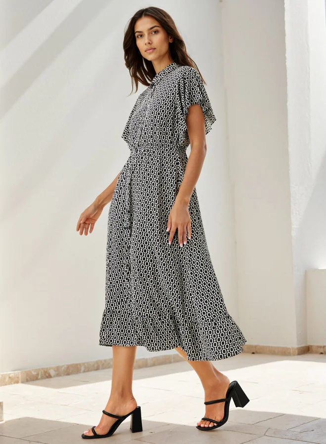 سبلاش فيڤ فستان قميص ميدي مطبوع بأكمام مكشكشة من الرايون