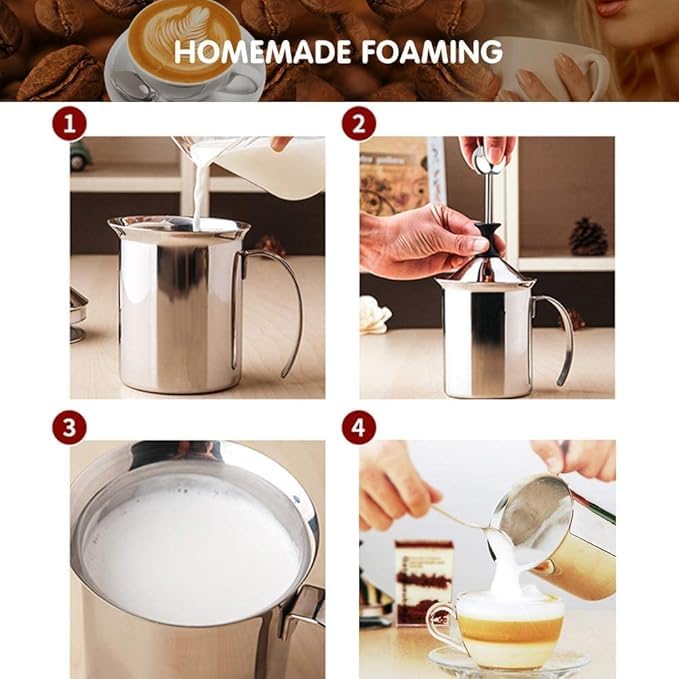 WICHARSH WICHARSH Coffee Frother Stainless Steel Manual Milk Frother for Coffee Handheld Coffee Milk Frother PitchersManual Operated Milk Foam Maker for Cappuccino Coffee Beater Chocolate Coffee Beater  - Image 2
